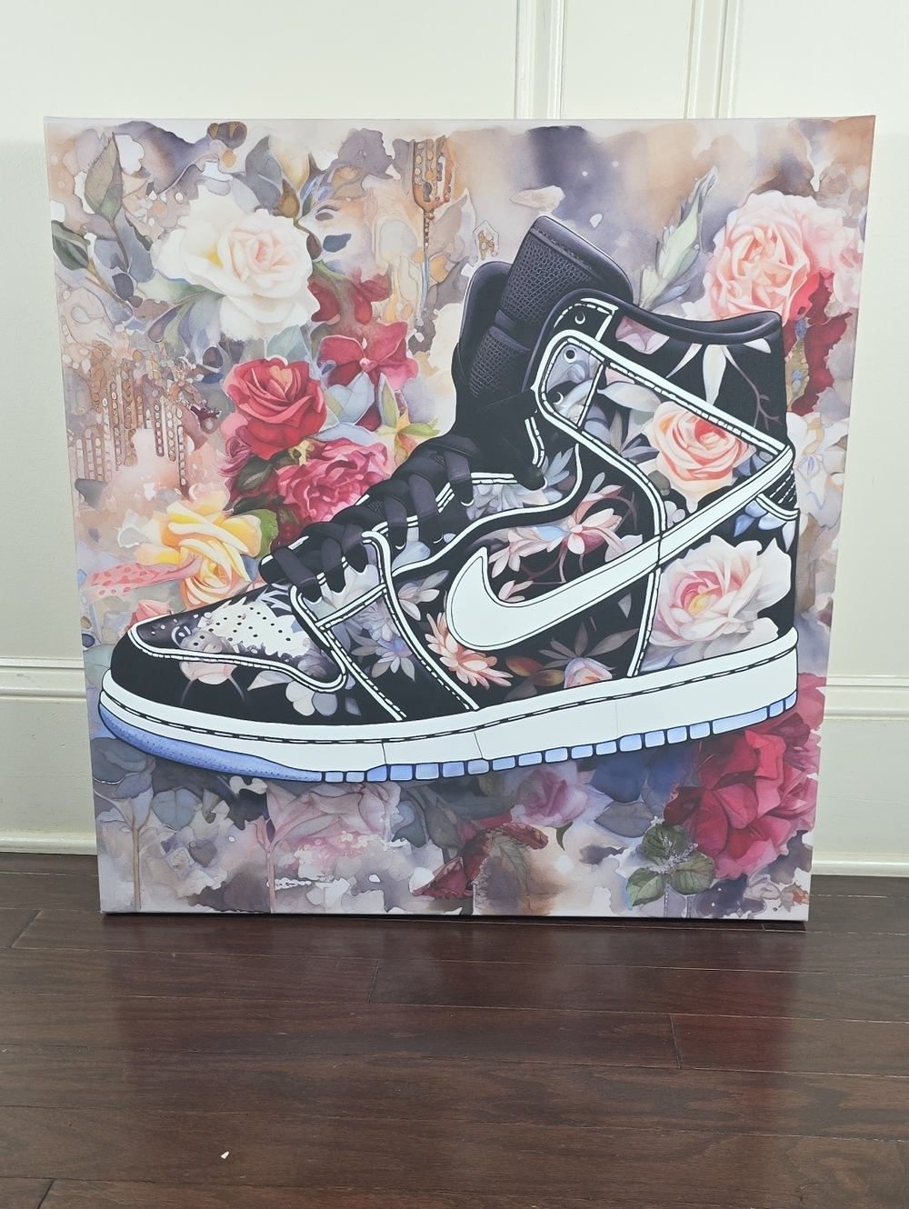 Nike Floral High-Top Sneaker Art Print - Black with Pastel Flowers